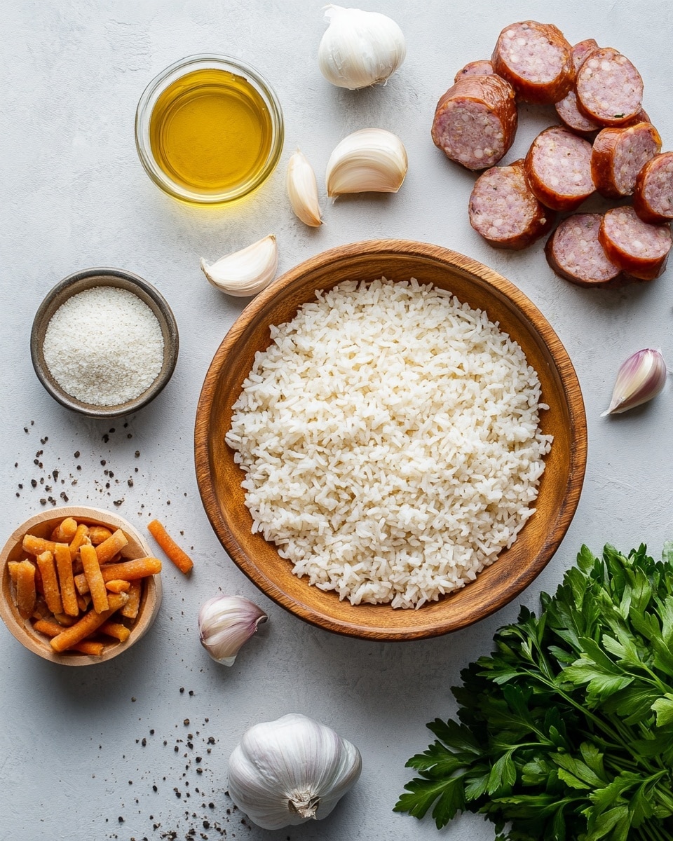 A close-up view inside a large white cooking pot filled with a hearty dish made of multiple layers: the base is soft, pale brown rice mixed with a light sauce. Scattered evenly throughout are thick, browned sausage slices with a reddish-brown color and tender chunks of cooked light tan chicken. The dish is topped with fresh, bright green parsley leaves spread all over, adding a pop of color and freshness. Small bits of tomato and herbs are visible in the mixture, giving texture and color contrast. The inside of the pot has a light stain from cooking sauce. The photo taken with an iphone --ar 4:5 --v 7