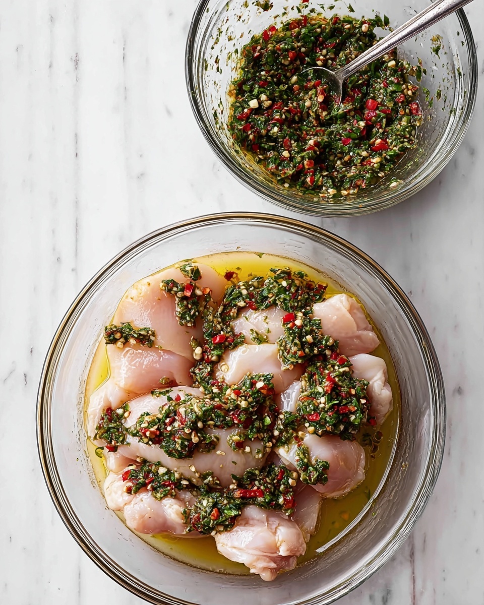 The image shows two clear glass bowls on a white marbled surface. The bigger bowl at the bottom contains six pieces of raw light pink chicken thighs soaked in golden olive oil and covered with a green herb mixture, which includes chopped parsley, small pieces of garlic, and bright red chili bits. The smaller bowl at the top contains only the same green herb mixture with a silver spoon resting inside it. The texture of the chicken is smooth and slightly shiny from the oil, and the herbs provide pops of green and red color all over. Photo taken with an iphone --ar 4:5 --v 7
