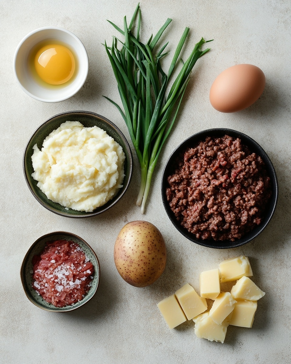 A white rectangular dish holds a baked casserole with three visible layers: the bottom layer is dark brown cooked ground beef, the middle layer is light yellow creamy mashed potatoes, and the top layer is melted golden cheese with scattered pieces of crispy brown bacon and fresh green chopped herbs. A piece has been removed from the bottom right corner, revealing the layers inside. To the top left, a white plate holds a square slice of the casserole showing the same layers, garnished with chopped green herbs. The setting is on a white marbled surface with a beige cloth napkin to the bottom left and wooden spoon and spatula to the right. Nearby are clear glass salt and pepper shakers. Photo taken with an iphone --ar 4:5 --v 7