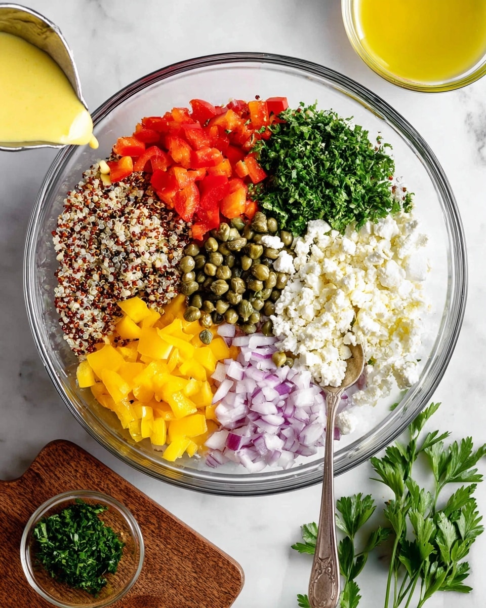 A large white bowl filled with a colorful quinoa salad showing light beige and reddish quinoa seeds as the main base layer. Mixed within are small diced pieces of yellow bell pepper, red bell pepper, and green cucumber, creating bright pops of yellow, red, and green colors among the quinoa. There are also small chunks of white cheese, chopped red onion, and green capers scattered evenly across the salad. A silver spoon is placed inside the bowl on the right side, partially submerged in the salad. The bowl sits on a white marbled surface, with a white dish and utensils blurred in the background, along with a few green parsley leaves and a white cloth napkin near the base of the bowl. Photo taken with an iphone --ar 4:5 --v 7