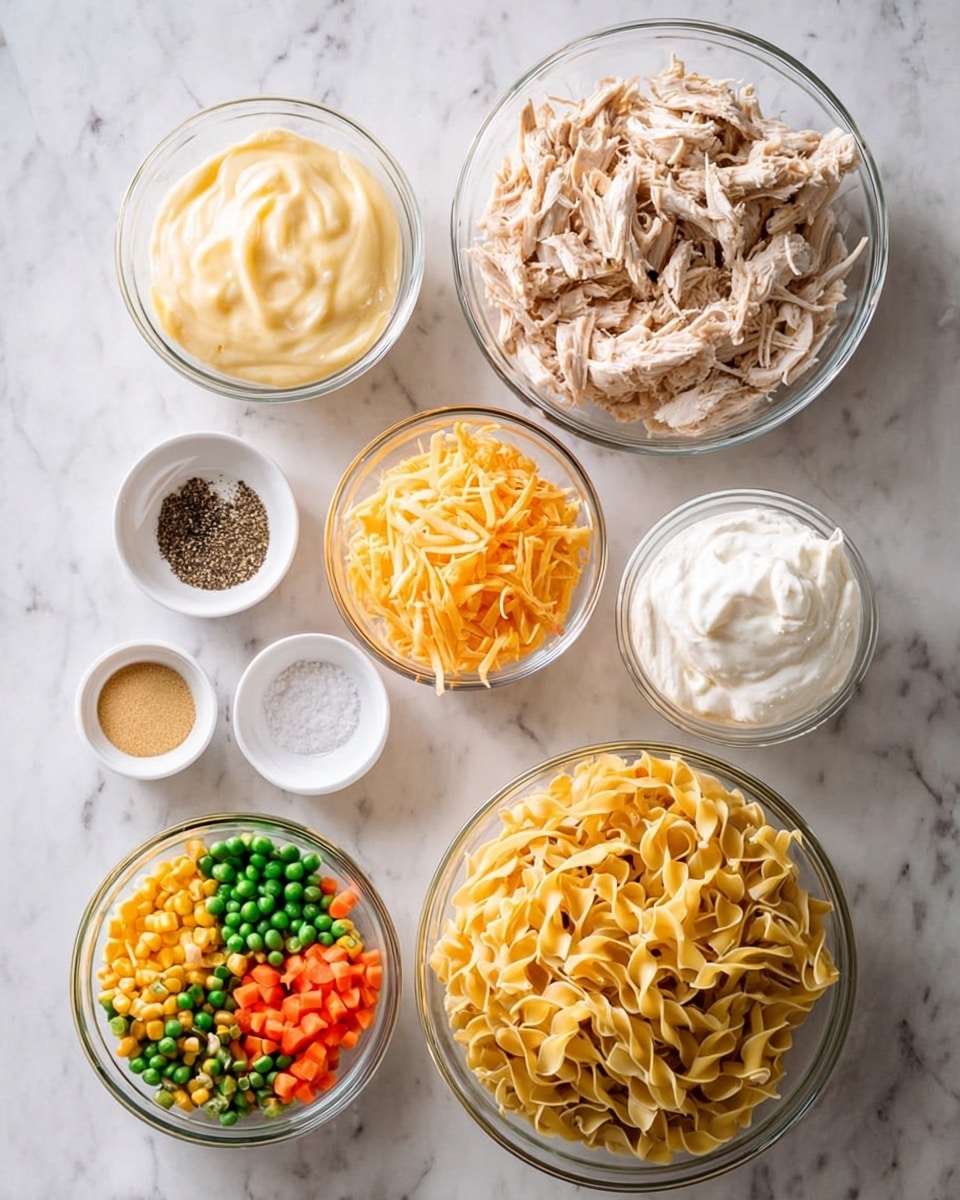 The image shows several clear glass bowls placed on a white marbled surface. From top to bottom and left to right, there are three small white bowls containing different spices: black pepper, garlic powder, and salt. Next to these is a larger bowl filled with a smooth, white creamy ingredient. Below, a large bowl is filled with shredded cooked chicken, showing light brown and white textures. To the left of this is another large bowl with creamy yellow cheese sauce with a thick, smooth texture. Below this is a smaller bowl containing shredded orange cheddar cheese. At the bottom, a medium bowl holds a colorful mix of frozen vegetables, including green beans, diced carrots, and corn. On the right side, a large bowl is filled with uncooked yellow egg noodles that have a curly texture. photo taken with an iphone --ar 4:5 --v 7