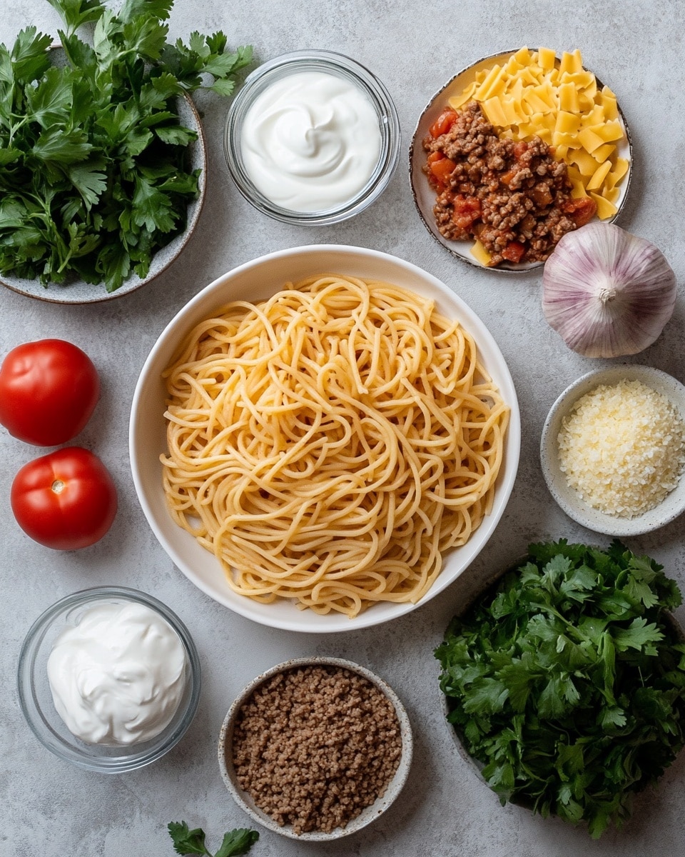 A white rectangular dish holds a layered pasta bake. The bottom layer is brown ground meat mixed with small bits of red and green peppers. On top of this is a thick layer of yellow spaghetti mixed with cheese. The surface is covered with melted, golden-yellow and white cheese that is slightly browned in spots. Fresh small red tomato pieces and bright green cilantro leaves are scattered on top, adding color contrast. The dish sits on a white marbled surface. Photo taken with an iphone --ar 4:5 --v 7