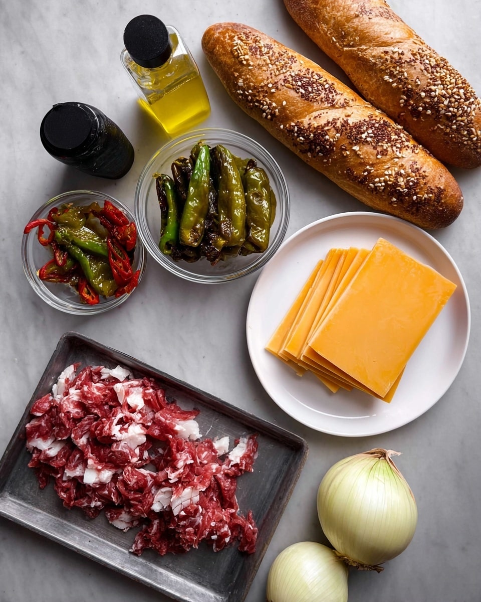 The image shows ingredients arranged on a white marbled surface. At the top right, two long breads rest on a white plate, one sesame-coated and the other plain with a slit in the middle. Below the breads, on another white plate, there are several thin yellow cheese slices stacked neatly. To the left of the cheese, small green roasted peppers are placed on a white plate. Above the peppers, a small clear glass bowl holds some red and green pickled peppers. At the bottom left, a pile of chopped raw red meat sits in a gray metal tray. Lastly, near the bottom right corner, there are three whole yellow onions. A squeeze bottle with yellow liquid is partly visible at the top left corner. Photo taken with an iphone --ar 4:5 --v 7