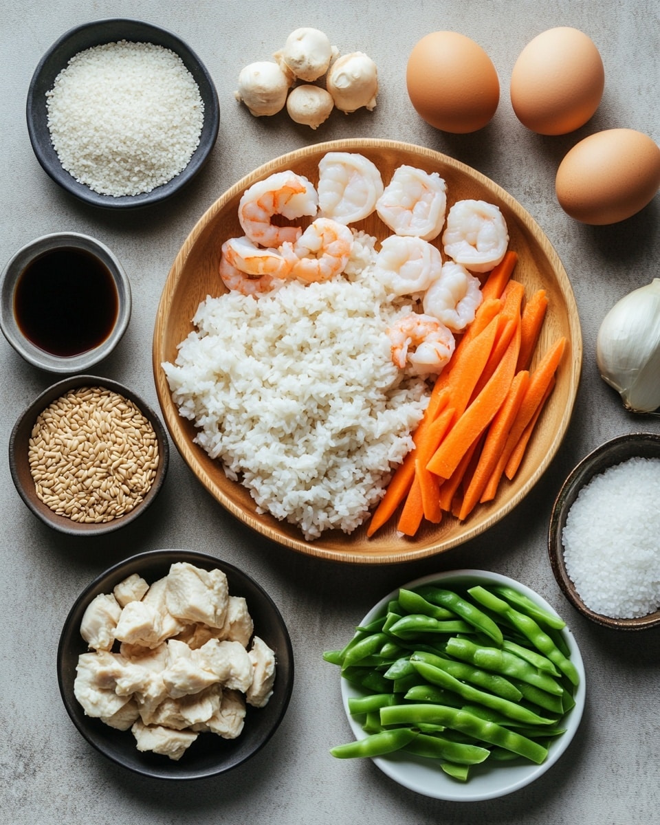A large white frying pan filled with shrimp fried rice sits on a white marbled surface. The dish has multiple layers including light brown cooked rice mixed with small green peas, diced orange carrots, white and yellow scrambled eggs, and light pink shrimp scattered evenly. There are also pieces of white chicken and chopped green onions on top, adding freshness and color contrast. Around the pan, there is a small bowl of chopped green onions, a few stalks of green onion, and small white bowls filled with salt and pepper. A white and gray striped cloth napkin is placed next to the pan. Photo taken with an iphone --ar 4:5 --v 7