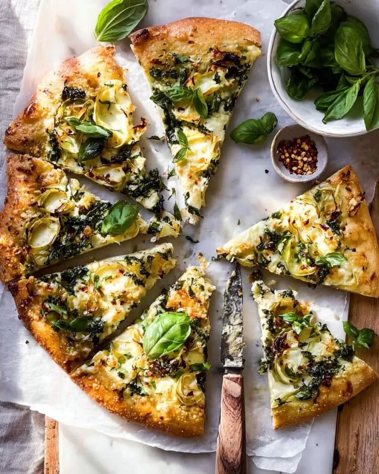 Green Pesto Pizza with Broccoli, Artichokes, Feta, and Mozzarella Recipe