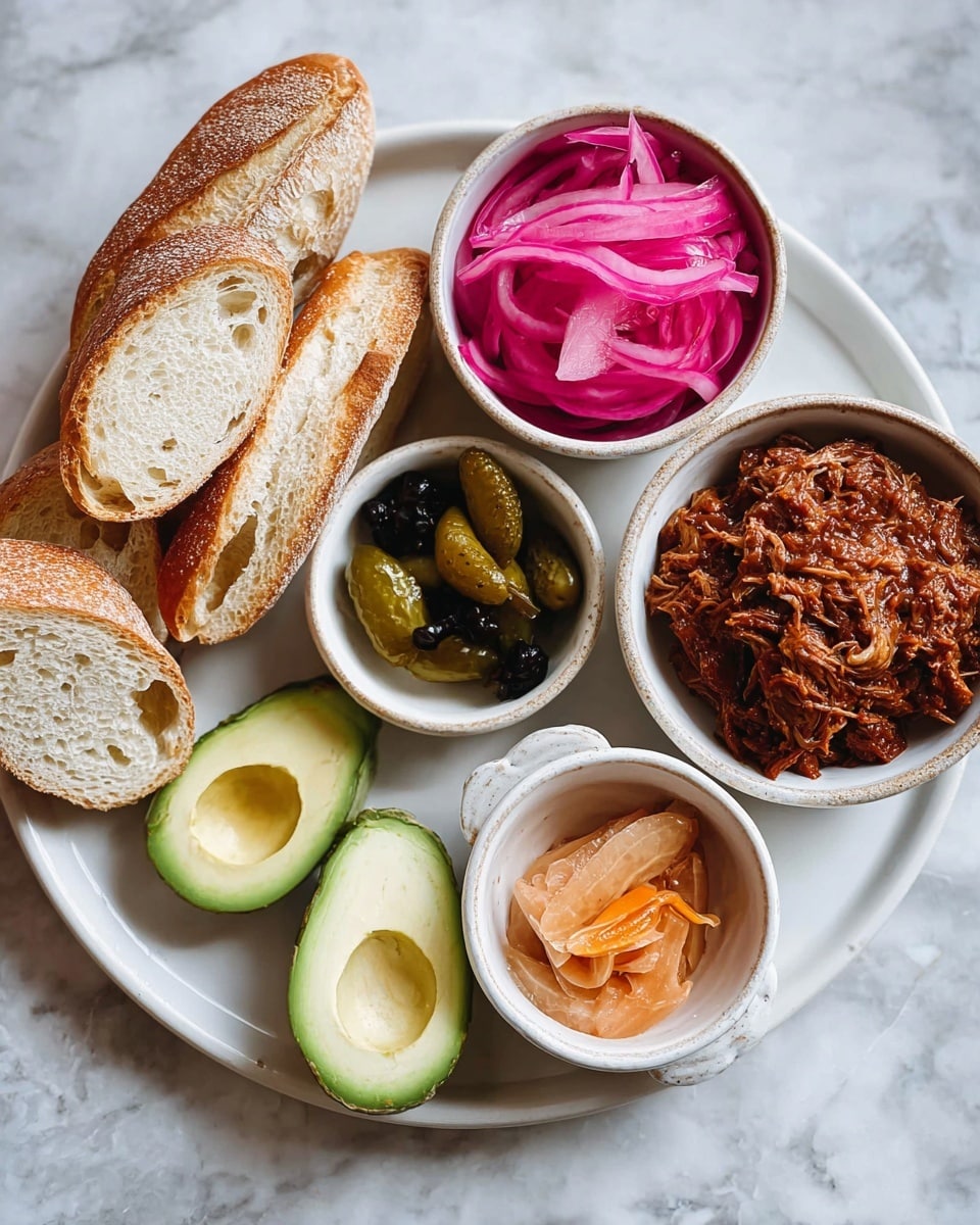 The image shows a white oval plate on a white marbled surface, holding four pieces of crusty baguette with golden brown crust and soft white interior, two halves of a green avocado with one half showing a brown seed and the other a smooth hollow, a small round bowl with smooth light brown creamy sauce, another small round bowl with pickled vegetables including green peppers and carrot slices, and a larger bowl filled with rich reddish-brown shredded meat in thick sauce. Above the plate, there is a white bowl filled with bright pink pickled onions with visible layers and slight shine. Photo taken with an iphone --ar 4:5 --v 7