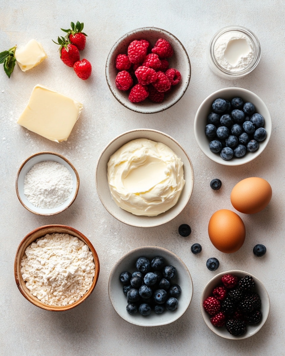 A square piece of light yellow cake with a soft, spongy texture forms the base layer; the second layer is a smooth, white cream spread evenly on top; the third layer is a colorful mix of whole blueberries, halved strawberries, and a few raspberries scattered freely on the cream, adding red, blue, and pink tones; tiny pink flowers are placed among the berries for decoration. The cake sits on a white plate with curved edges on a white marbled surface. In the background, more berries are slightly out of focus. photo taken with an iphone --ar 4:5 --v 7