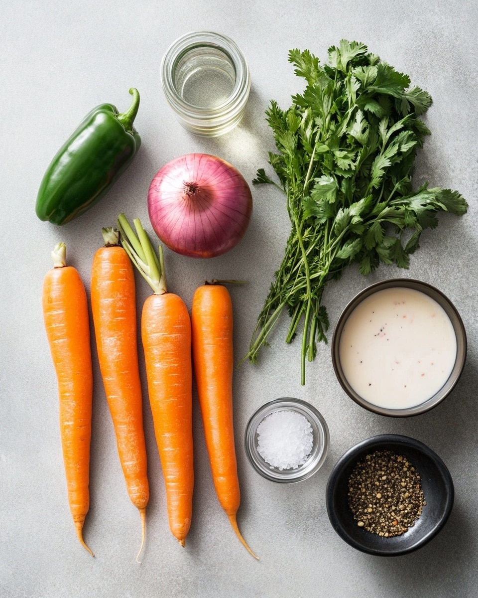 A clear glass bowl filled with bright orange carrot slices, some cut in half and others in thick rounds, mixed with thin curved slices of purple-red onion and a few whole green jalapeño rings. The vegetables sit in a shiny, slightly oily orange-red liquid with specks of black pepper and green herbs evenly spread throughout. The bowl is placed on a white marbled surface, showing the vibrant colors and textures from a top view. photo taken with an iphone --ar 4:5 --v 7