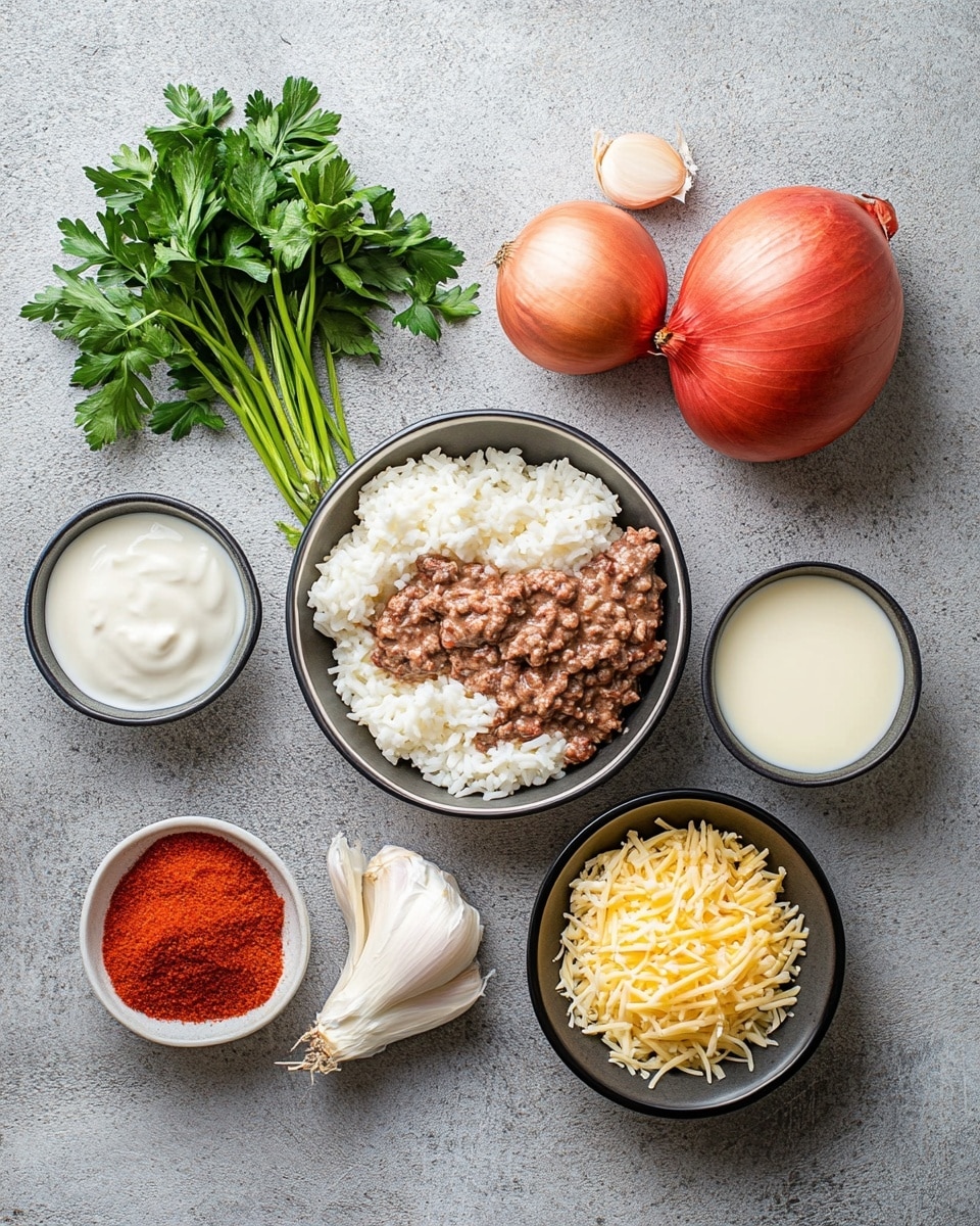 A white bowl filled with cooked rice mixed well with small browned ground meat pieces, topped with melted yellow cheese scattered across the top, and sprinkled with fresh chopped green herbs, all placed on a white marbled surface. A shiny golden fork is visible near the bottom left side, and a white bowl of chopped herbs is slightly seen at the top left corner, photo taken with an iphone --ar 4:5 --v 7
