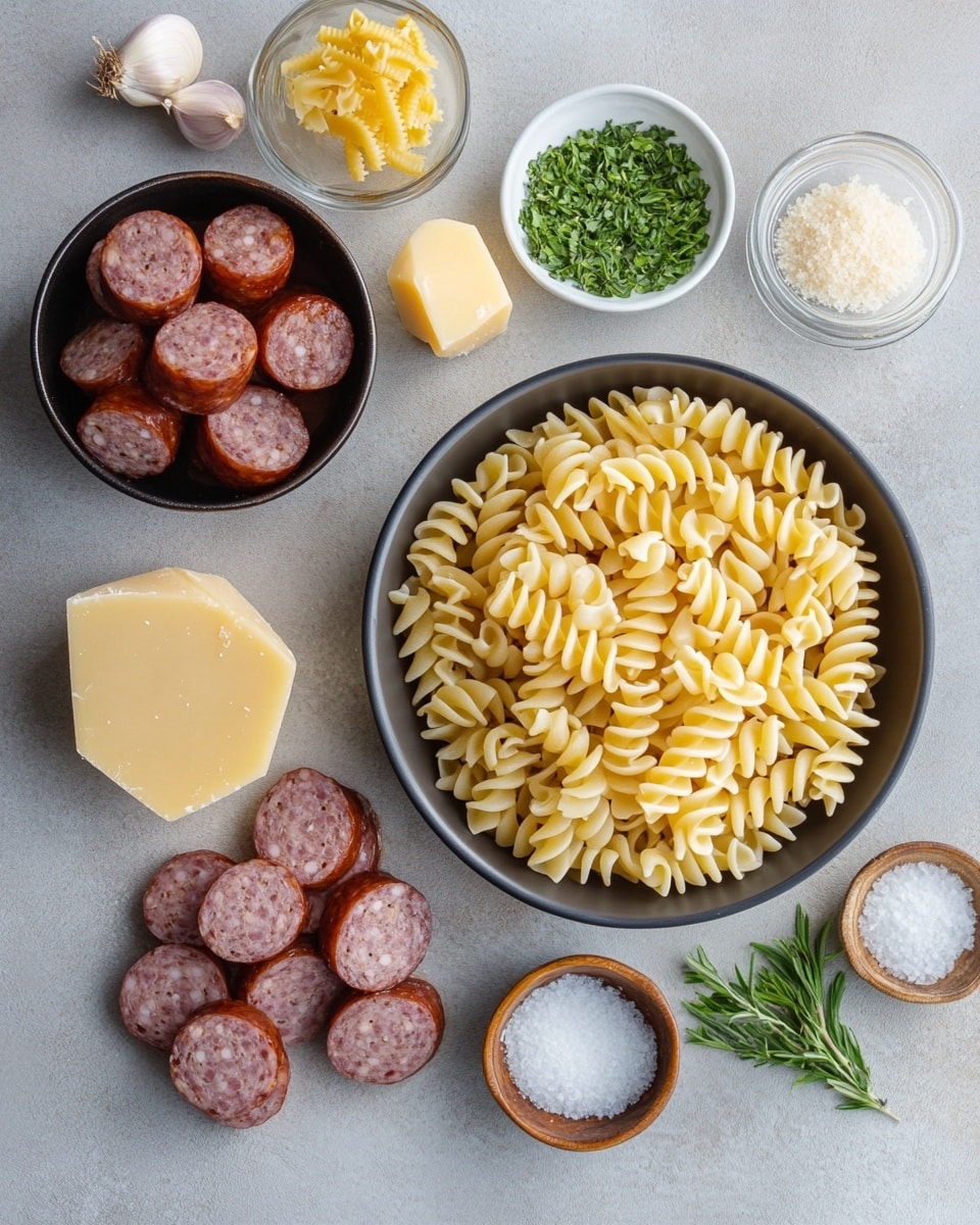 A close-up view of a dish with spiral pasta coated in a glossy orange sauce, mixed with chunks of browned sausage scattered throughout. Shredded cheese is lightly sprinkled over the top, melting slightly and adding a stringy texture. The pasta looks soft and shiny, with sauce clinging to each twist, while the sausage pieces have a caramelized, slightly crispy surface. The background shows the edge of a cooking pan. photo taken with an iphone --ar 4:5 --v 7