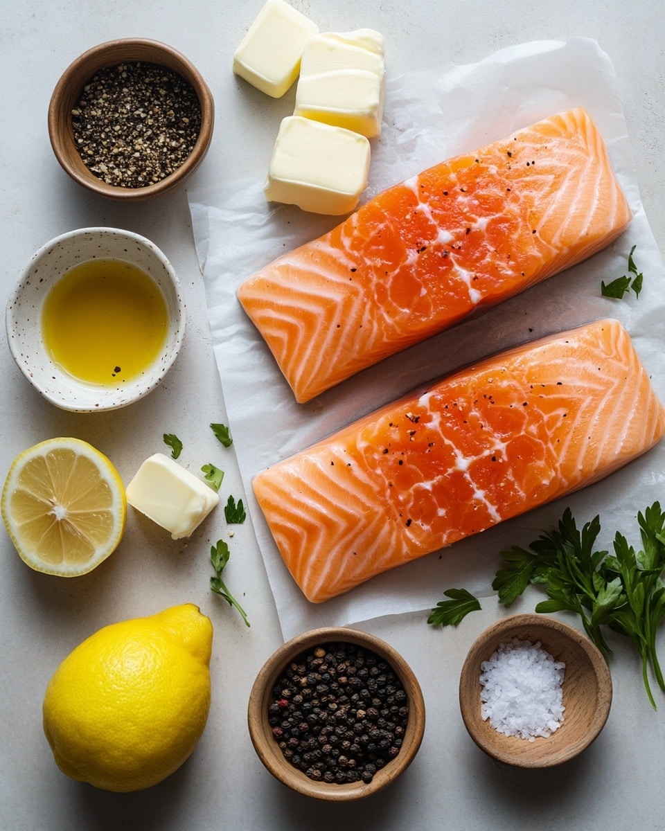 Four golden-brown salmon fillets are arranged in two rows on a white plate, each fillet topped with a small lemon wedge and sprinkled with finely chopped green herbs. A light, glossy sauce with a slightly yellow tint pools around the fillets, glistening under the light. To the right of the fillets, there is a bundle of bright green asparagus stalks, neatly aligned. The overall look is fresh and vibrant, with the colors of the salmon, lemon, and asparagus contrasting nicely against the white plate and the white marbled background. photo taken with an iphone --ar 4:5 --v 7