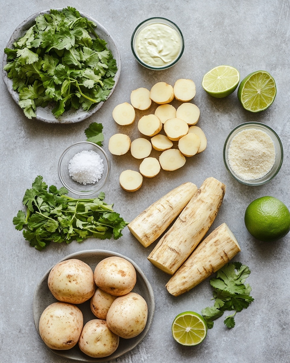 A white plate filled with two layers of golden-brown fried root vegetable sticks that are slightly crispy with some darker brown spots, sprinkled with small green herb pieces on top. On the right side of the plate, there is a small white bowl filled with green creamy dip that has some herbs scattered on its surface. The plate is placed on a white marbled textured surface with some green herbs around it, and a small part of a bowl with fresh green herbs is visible at the top left corner. photo taken with an iphone --ar 4:5 --v 7