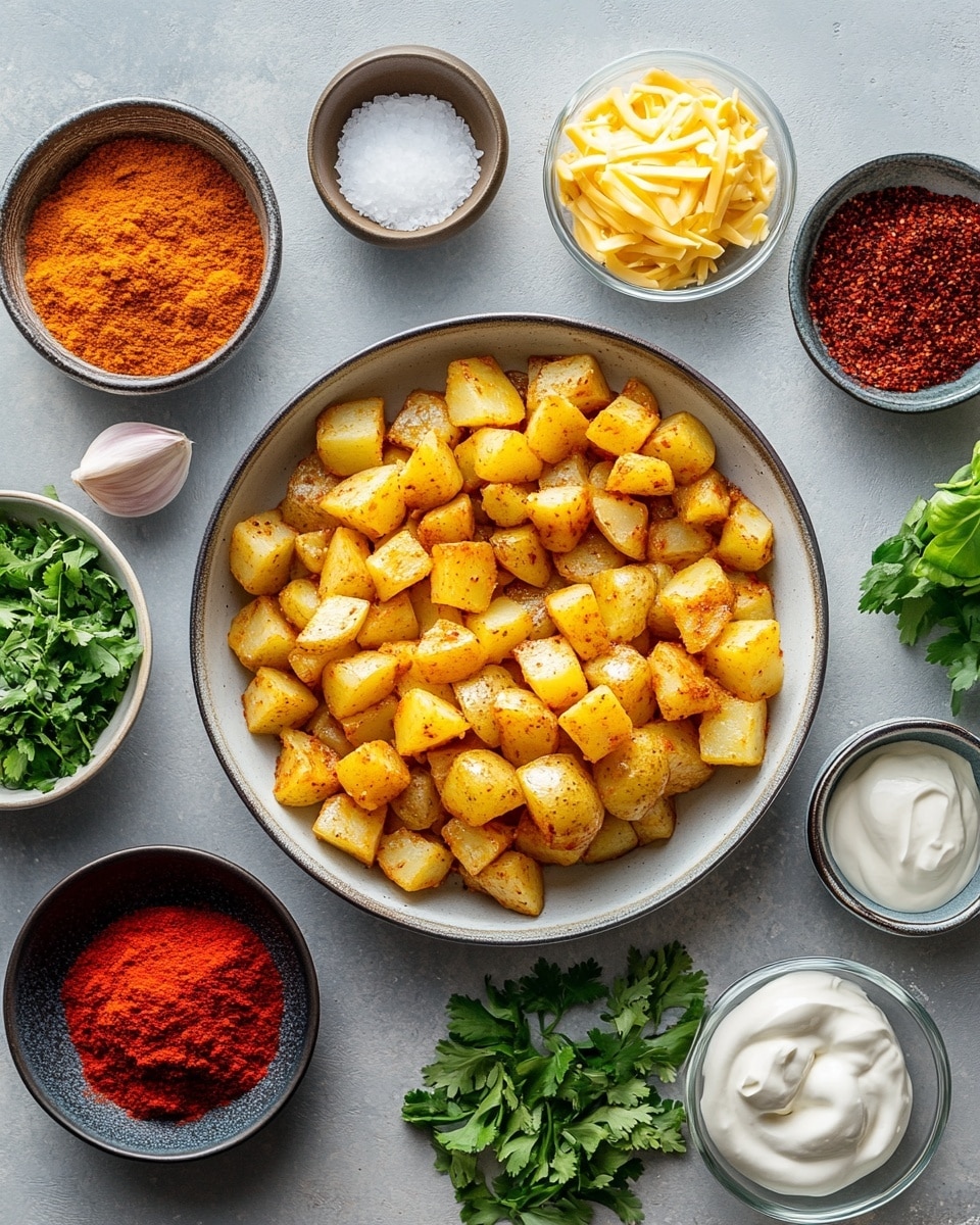 A white bowl filled with four layers starting from the bottom: golden brown roasted potato cubes with a crispy texture, a layer of seasoned ground beef with a rich brown color mixed among the potatoes, melted bright yellow cheddar cheese evenly spread on top, and a smooth white dollop of sour cream placed in the center, garnished with finely chopped green onions and small bits of red peppers scattered around. The bowl sits on a folded dark cloth with blue, red, and white stripes, all placed on a white marbled surface. Photo taken with an iphone --ar 4:5 --v 7