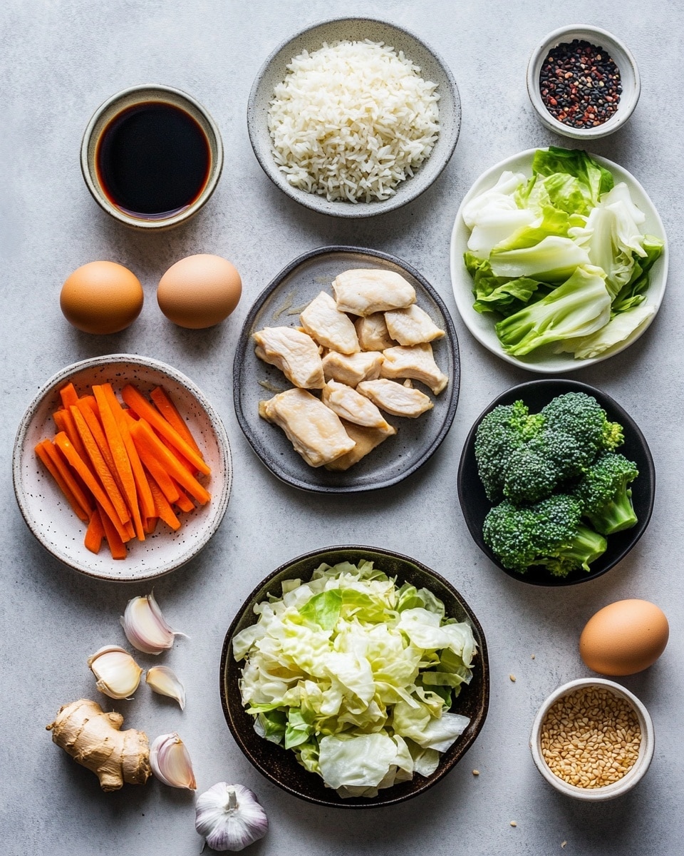 A white bowl filled with fried rice that has three main layers: the bottom layer is cooked brown rice, the middle layer has light brown cooked chicken pieces and bright green broccoli florets, and the top layer is sprinkled with light green chopped green onions and white sesame seeds. The textures show fluffy rice grains, tender chicken chunks, and crisp broccoli, all mixed together evenly. The bowl is on a white marbled surface with some whole green onions beside it. Photo taken with an iphone --ar 4:5 --v 7