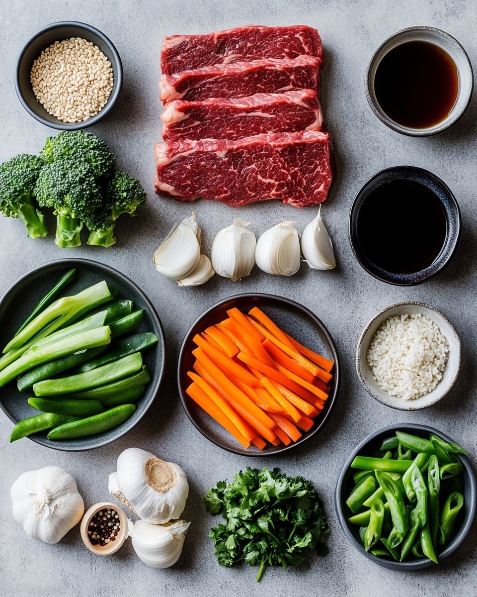 The image shows a close-up of a beef stir-fry dish with three main layers of ingredients mixed together. The first layer includes bright green broccoli florets with rough textures scattered around. The middle layer has shiny beef pieces with a brown, slightly glossy surface covered in small bits of green onion and sesame seeds. The top layer shows sliced bell peppers in red, yellow, and orange colors, along with snap peas in a smooth bright green, all mixed closely. The whole dish has a slight wet shine from sauce, placed against a white marbled background photo taken with an iphone --ar 4:5 --v 7