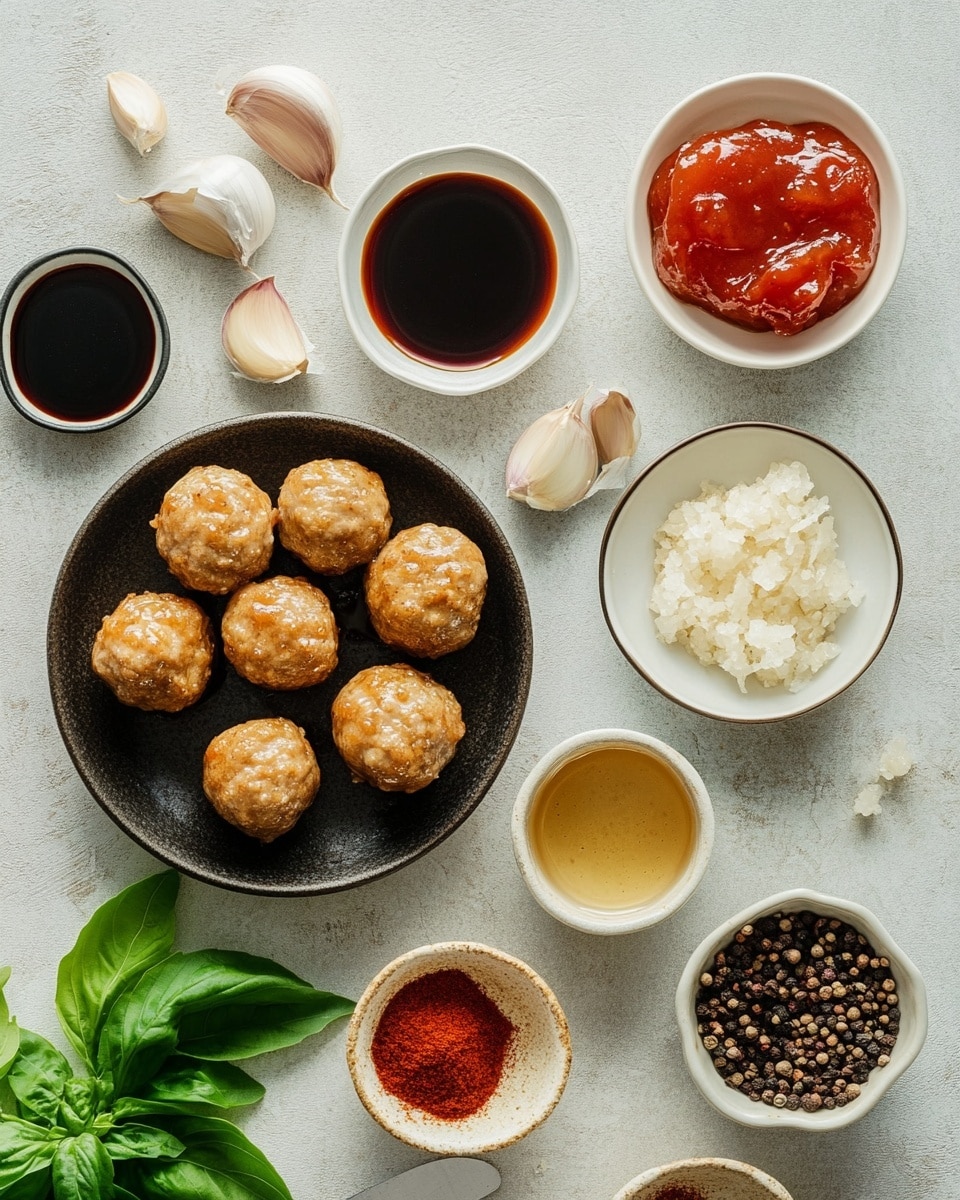 The image shows a black pot filled with many small, round meatballs covered in a thick, shiny red sauce. The sauce looks smooth and rich, coating each meatball evenly. Some small green herb pieces are scattered on top, adding a fresh contrast to the deep red color. A metal slotted spoon is partly visible inside the pot, lifting some meatballs. The whole pot is set against a white marbled surface. photo taken with an iphone --ar 4:5 --v 7