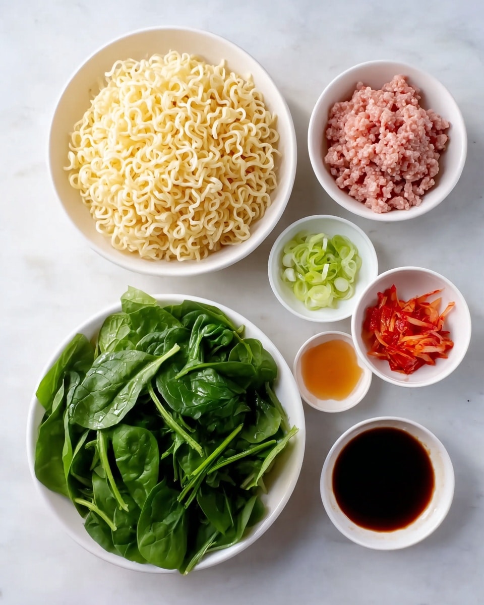 A white bowl with four main layers of food inside sits on a white marbled surface. On the right side, there are yellow wavy noodles partially dipped in a clear brown broth. At the top center, thin bright red strips are placed in a small mound. At the upper left side, there are dark green leafy vegetables, appearing soft and cooked. At the lower left side, there is a portion of finely crumbled brown cooked meat mixed with small green onion slices scattered on top. Resting on the bowl’s edge is a white spoon with dark brown wooden chopsticks placed diagonally across it. Photo taken with an iphone --ar 4:5 --v 7