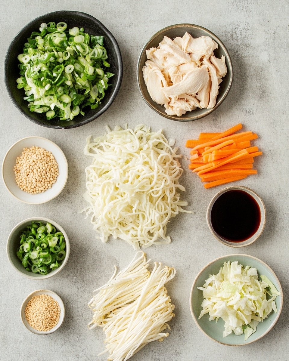 A white bowl filled with a mix of yellow-brown stir-fried noodles, light brown cooked strips of meat, thin orange carrot slices, and light green cabbage pieces. On top, fresh bright green sliced spring onions are scattered. The noodles and meat are shiny with a dark brown sauce that adds a rich texture, making the dish look moist and flavorful. The bowl is on a gray cloth over a white marbled background. photo taken with an iphone --ar 4:5 --v 7