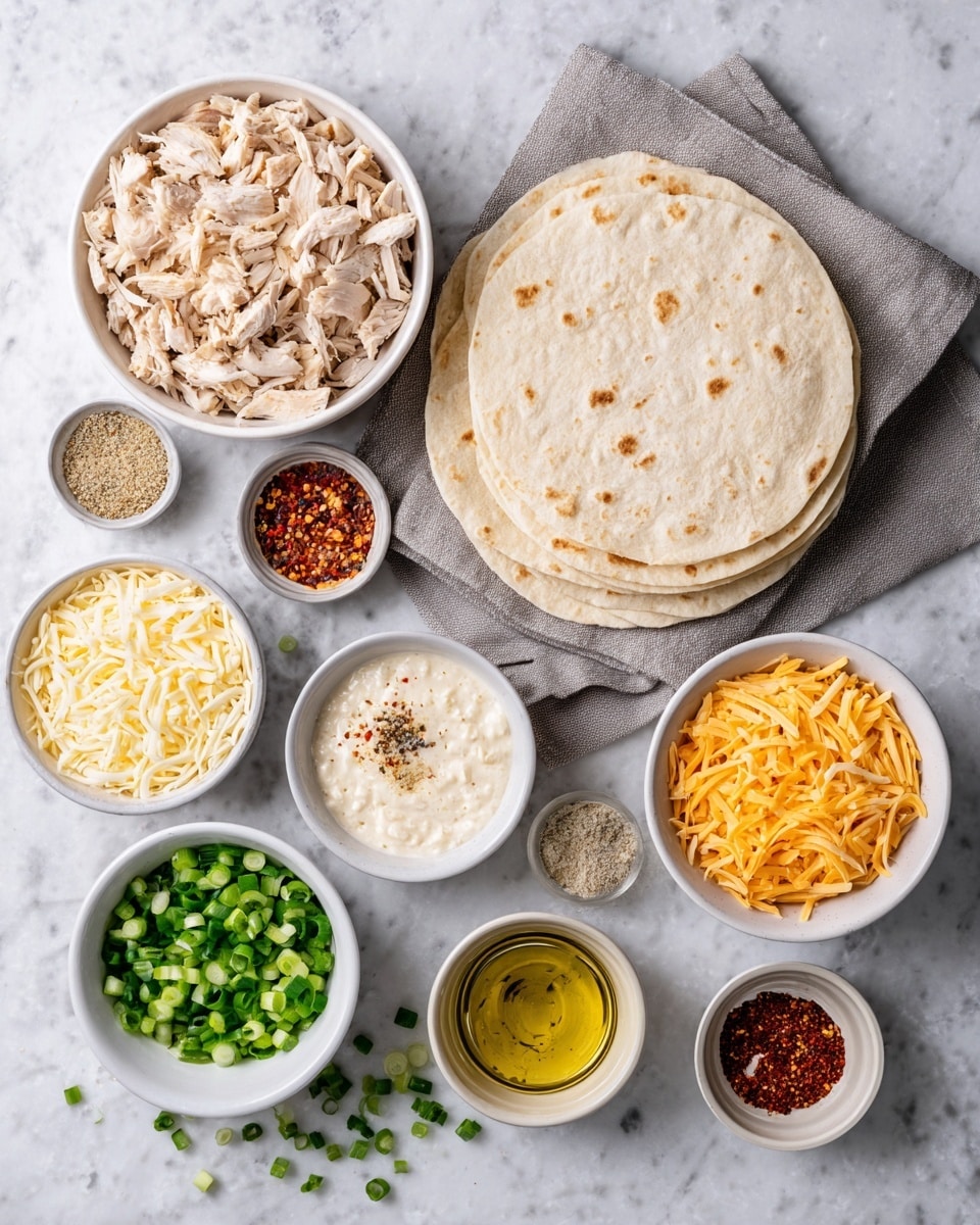 A top view of a food arrangement on a white marbled surface, showing a stack of four round light beige tortillas with small brown spots, resting on a folded gray cloth in the center. Surrounding the tortillas are small white bowls filled with shredded light brown chicken, shredded white cheese, shredded bright orange cheese, white creamy sauce sprinkled with green herbs, small chopped green onions with some pieces spilled nearby, crushed red chili flakes, light beige seasoning powder, light brown seasoning powder, dark green seasoning powder, and a small bowl of golden olive oil. The items are neatly placed in a circle around the tortillas, creating a balanced and colorful display. Photo taken with an iphone --ar 4:5 --v 7