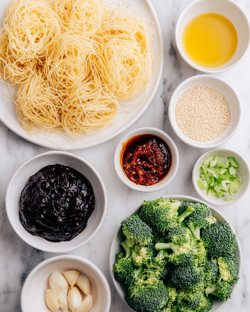 A black bowl filled with tangled dark brown noodles forms the base layer, topped with bright green broccoli florets scattered around. Thin slices of green onion are spread on top, along with white sesame seeds sprinkled evenly over the dish. A pair of dark wooden chopsticks rests on the right edge of the bowl. The bowl sits on a white marbled surface. photo taken with an iphone --ar 4:5 --v 7