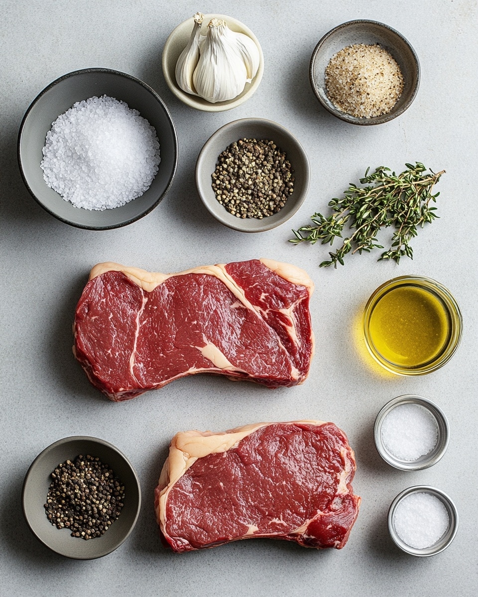 Two grilled steaks with dark brown char marks lie on a wooden cutting board over a white marbled surface. Each steak has a round pat of herb butter melting on top, with specks of green herbs visible. The bottom steak is sliced into about eight thick pieces, showing a pink, juicy inside and seared edges. Coarse salt and cracked black pepper are sprinkled on and around the steaks. Fresh green parsley leaves are placed around for garnish. A fork with a beige handle and a knife rest on the board's bottom left corner, and a gray fabric napkin peeks from the bottom right corner. Photo taken with an iphone --ar 4:5 --v 7