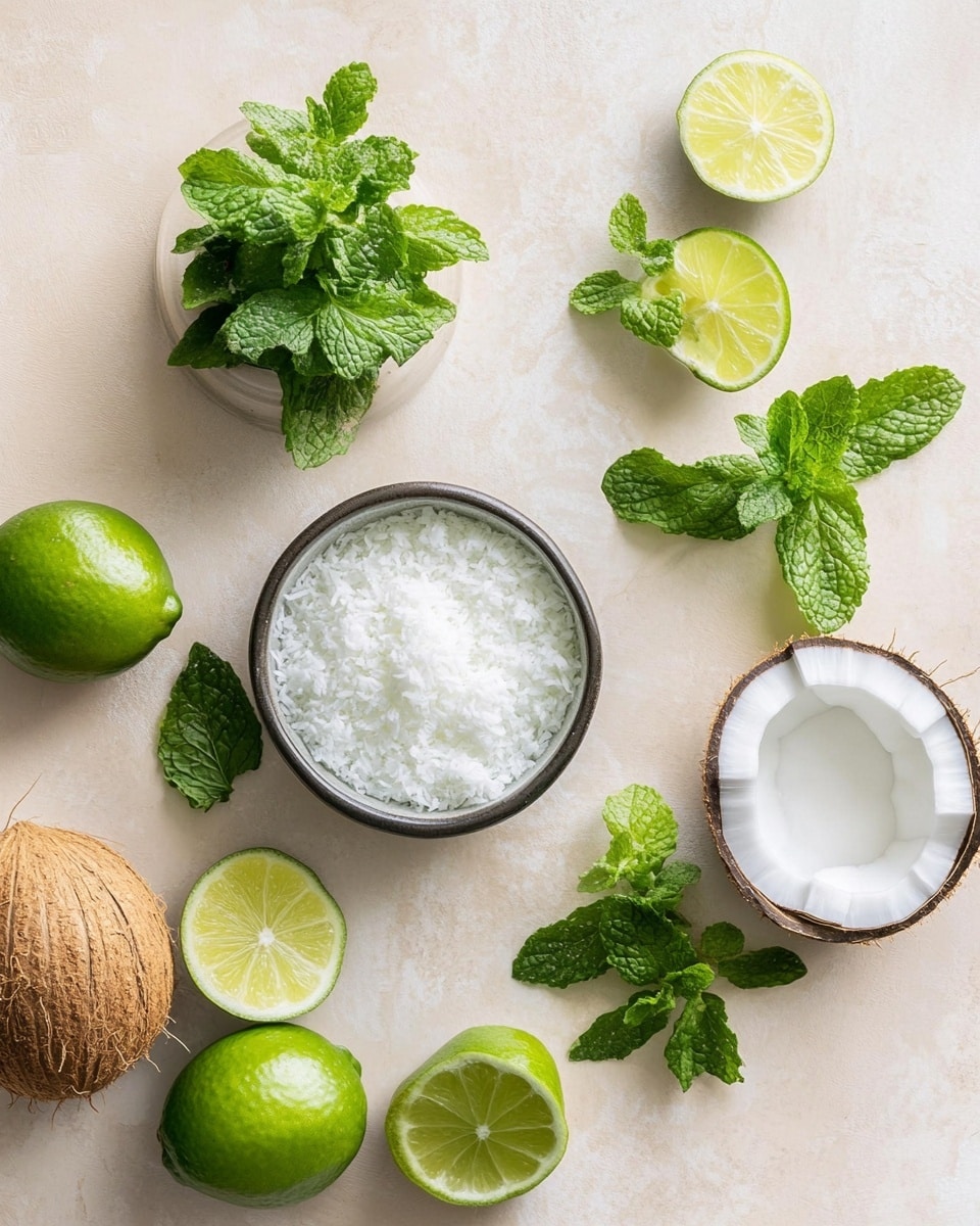 Two white glasses filled with a frothy, creamy white drink are placed on a white marbled surface. Each glass has a layer of white flakes sprinkled on top and is garnished with a small bunch of fresh green mint leaves positioned slightly off-center. In the background, there is a small white bowl containing shredded white coconut and a half lime placed on top, with a whole lime behind it. In the foreground, there is a smaller white bowl with thin lime slices, and some lime wedges and coconut flakes scattered around on the white marbled surface. The photo taken with an iphone --ar 4:5 --v 7