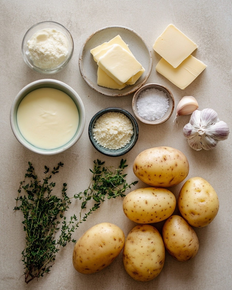 A white oval dish filled with thin, golden-brown sliced potatoes arranged in layered rows standing vertically, creating a curved pattern inside the creamy sauce at the bottom; the top layer is crispy and browned with visible flakes of salt and black pepper sprinkled on top, garnished with small green thyme leaves. A long silver spoon rests on the right side of the dish, partially dipped into the creamy sauce. Around the main dish, there are small white scalloped plates with two large slices of the potato dish on each, showing creamy layers inside. The setting is on a white marbled surface with a white cloth partially underneath the dish, and a few extra thyme leaves scattered around. Photo taken with an iphone --ar 4:5 --v 7