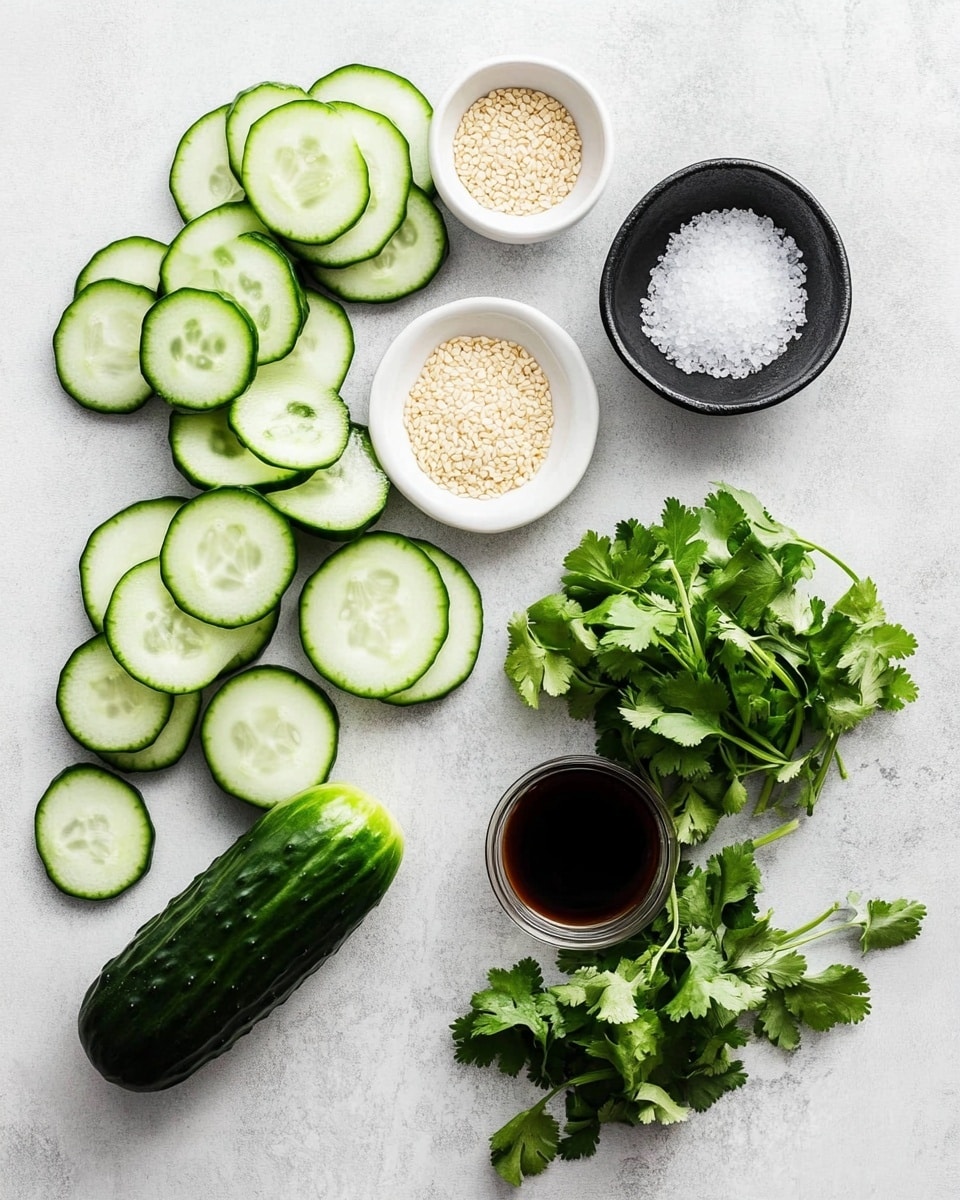 A white bowl filled with sliced cucumber pieces, each slice bright green with darker green skin on the edges, is tossed with red spice powder, white sesame seeds, and small bits of green onions. Fresh green cilantro leaves are scattered on top, adding color and texture. The cucumbers look fresh and coated unevenly with oil or dressing, giving them a shiny look. The bowl sits on a white marbled surface. photo taken with an iphone --ar 4:5 --v 7