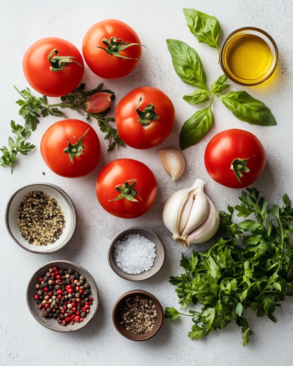 A dark gray bowl sits on a white marbled surface, filled with two layers of bright red tomato slices that are topped with finely chopped green herbs and small pieces of purple onion, with a glossy light dressing visible over the tomatoes. Near the bowl, two halved fresh tomatoes rest with their inner red and white parts showing, while scattered green herbs and leaves surround the bowl along with a white cloth. photo taken with an iphone --ar 4:5 --v 7