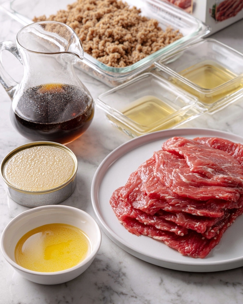 The image shows ingredients for a meal arranged on a white marbled surface. There is a white plate at the center with several thin, flat red meat slices stacked in two layers, showing marbling of fat. To the right of the plate, there is a small white ramekin filled with melted butter, topped with white spots. Next to the ramekin, an open tin can holds a creamy, light beige sauce with visible small bits. Behind these, a clear glass pitcher is filled with a dark brown liquid. In the upper left corner, there is a closed beige box with a red top, featuring an image of crushed nuts or crumbs. Two rectangular glass baking dishes, one partially visible in the foreground and one in the background, both have a thin layer of butter spread inside, ready for cooking. photo taken with an iphone --ar 4:5 --v 7