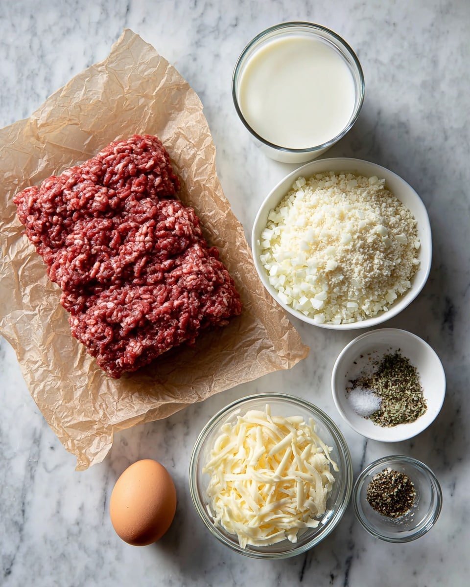 A flat rectangular block of red ground meat sits on crumpled brown parchment paper in the lower left corner, next to five small white bowls arranged around it. At the top center, a white bowl holds finely chopped white onions with a soft texture. To the right of the onions, a larger white bowl contains beige breadcrumbs with a slightly rough texture. In the bottom right corner, a small white bowl is divided into four sections showing light brown garlic powder, white salt, dried green herbs, and black pepper. Just below the breadcrumbs, a clear glass bowl holds pale yellow grated cheese with a crumbly texture. Above the cheese, an uncracked brown egg rests directly on the white marbled surface. All items are on a white marble background with subtle grey veins. Photo taken with an iphone --ar 4:5 --v 7