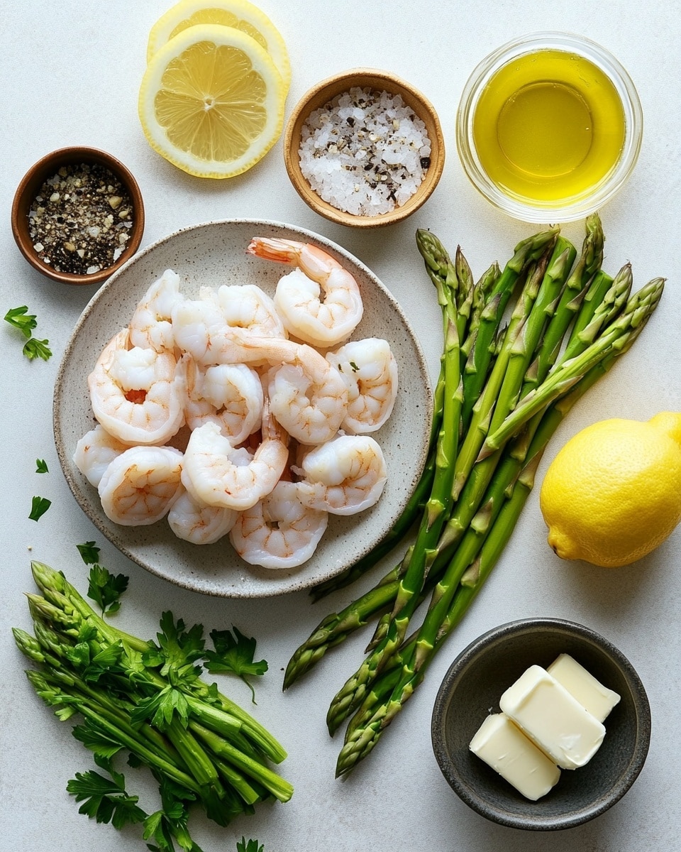 The image shows a close-up of cooked shrimp and asparagus on a white marbled surface. There are about two dozen shrimp, cooked to a golden-orange color with some charred marks. Each shrimp is curled and placed closely together in the lower and right part of the image. Sprinkled green herbs add color to the shrimp. On the left side of the image, there is a layer of bright green asparagus spears, cooked with a slight shine and light browning. Near the top, two thin lemon slices with a yellow color sit over the shrimp. The shrimp and asparagus fill the image with a fresh and warm look. Photo taken with an iphone --ar 4:5 --v 7